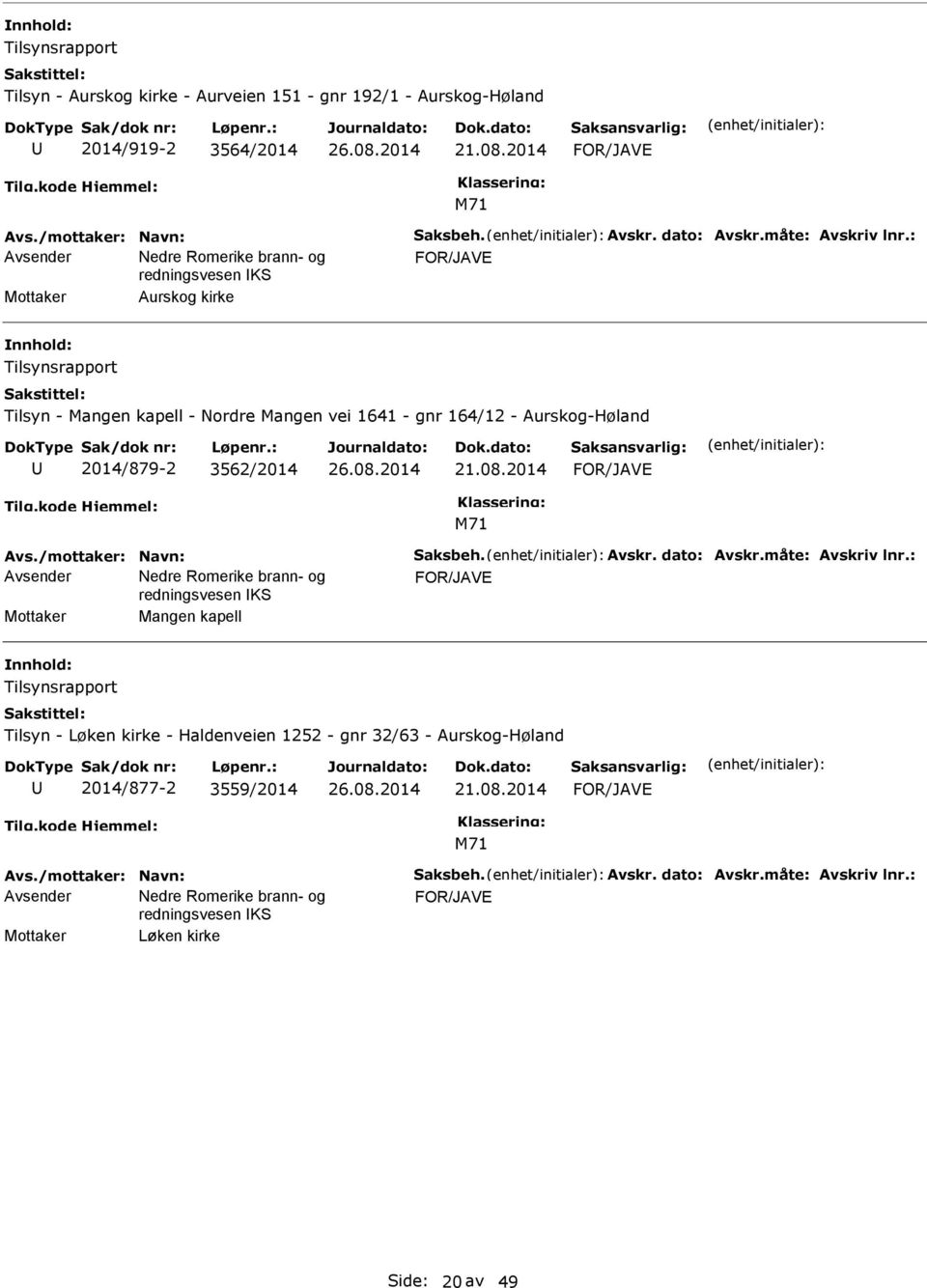 : Mottaker Aurskog kirke Tilsynsrapport Tilsyn - Mangen kapell - Nordre Mangen vei 1641 - gnr 164/12 - Aurskog-Høland 2014/879-2 3562/2014 21.08.2014 Avs.