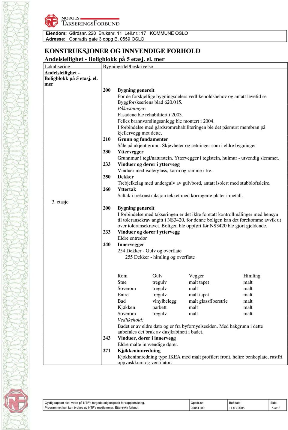 Påkostninger: Fasadene ble rehabilitert i 2003. Felles brannvarslingsanlegg ble montert i 2004. I forbindelse med gårdsromrehabiliteringen ble det påsmurt membran på kjellervegg mot dette.