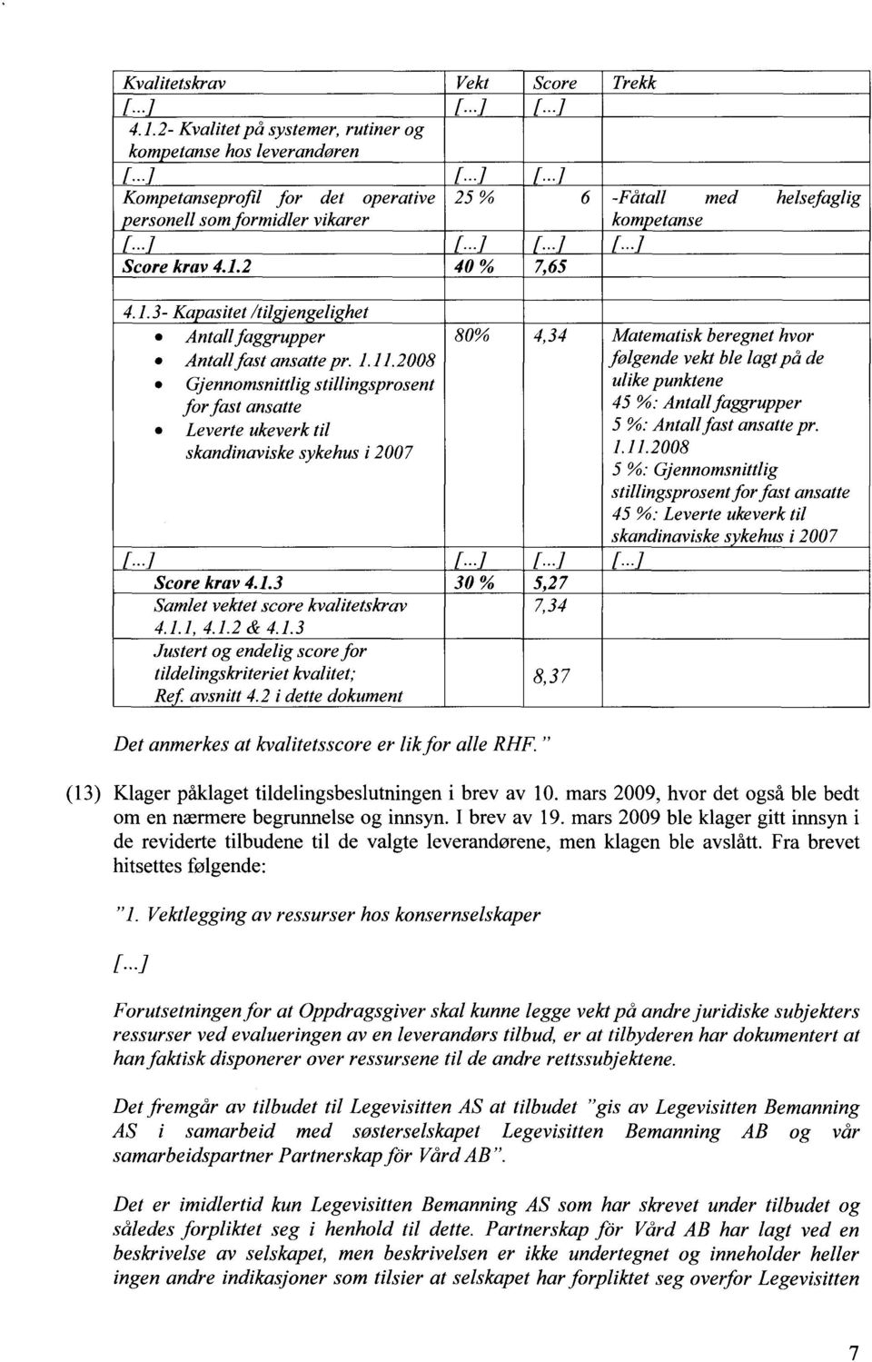 2008 Gjennomsnittlig stillingsprosent for fast ansatte Leverte ukeverk til skandinaviske sykehus i 2007 Score krav 4.1.3 Samlet vektet score kvalitetskrav 4.1.1, 4.1.2 & 4.1.3 Justert og endelig score for tildelingskriteriet kvalitet; Re.