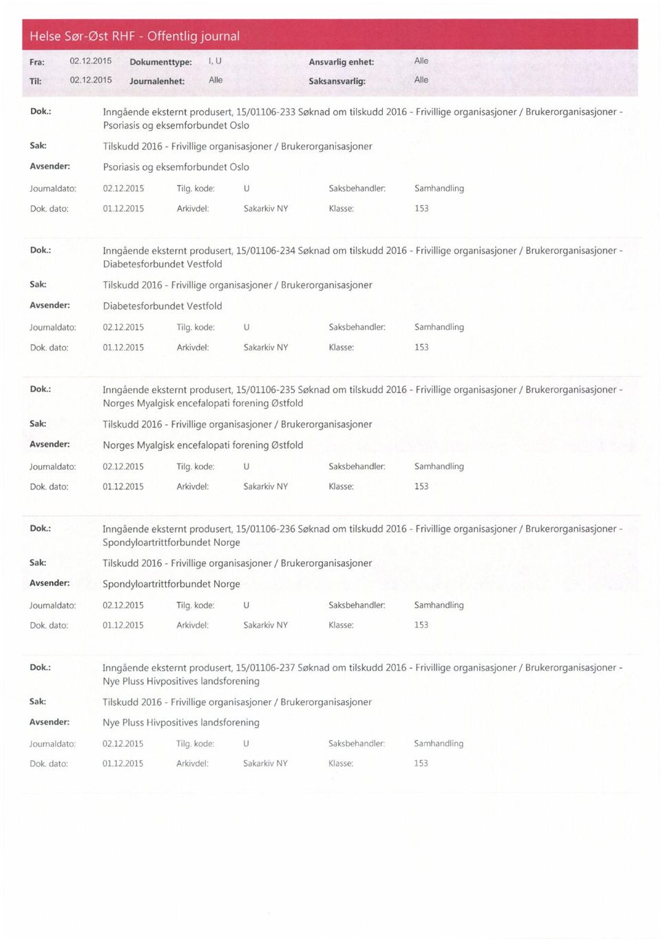 : Inngående eksternt produsert, 15/01106-234 Søknad om tilskudd 2016 - Frivillige organisasjoner / Brukerorganisasjoner - Diabetesforbundet Vestfold Diabetesforbundet Vestfold Journaldato: 02.12.