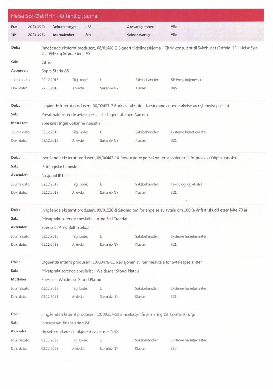 2015 Tilg. kode: U Saksbehandler: SP Prosjekttjenester Dok. dato: 27.11.2015 Arkivdel: Sakarkiv NY Klasse: 045 Dok.