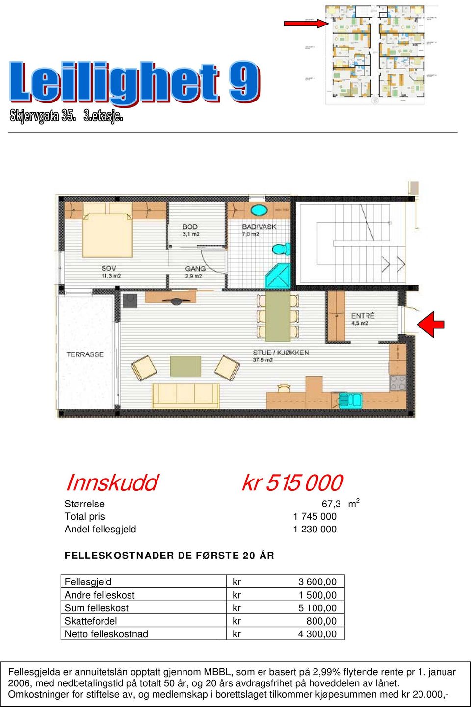 felleskostnad kr 4 300,00 Fellesgjelda er annuitetslån opptatt gjennom MBBL, som er basert på 2,99%