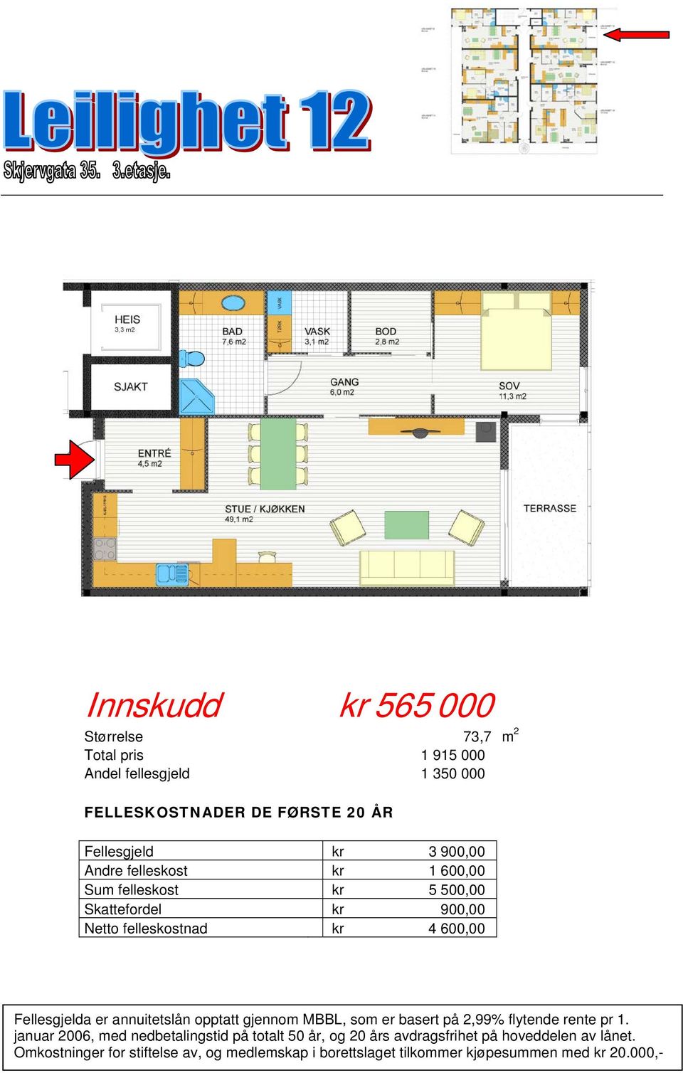 felleskostnad kr 4 600,00 Fellesgjelda er annuitetslån opptatt gjennom MBBL, som er basert på 2,99%