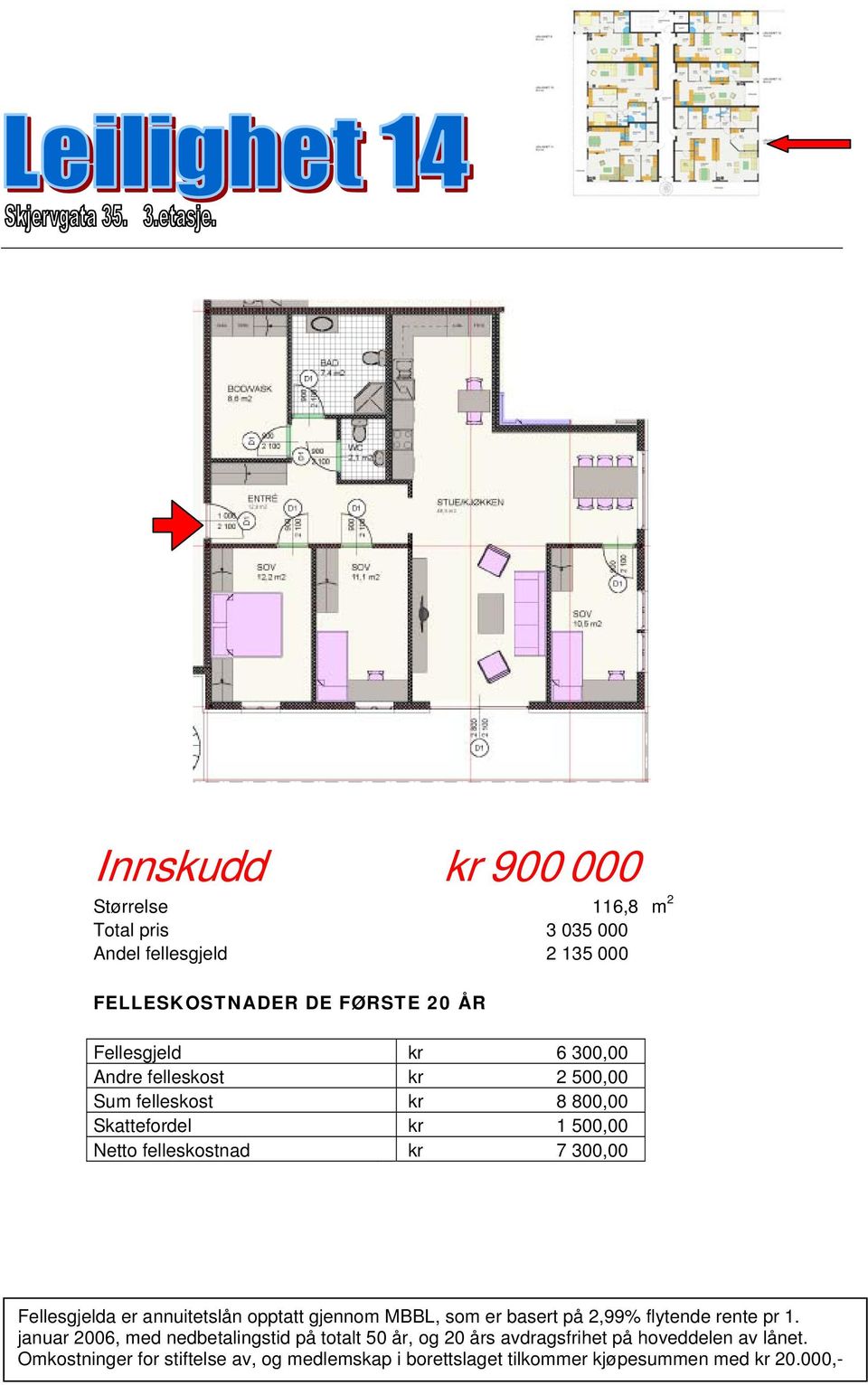 felleskostnad kr 7 300,00 Fellesgjelda er annuitetslån opptatt gjennom MBBL, som er basert på 2,99%