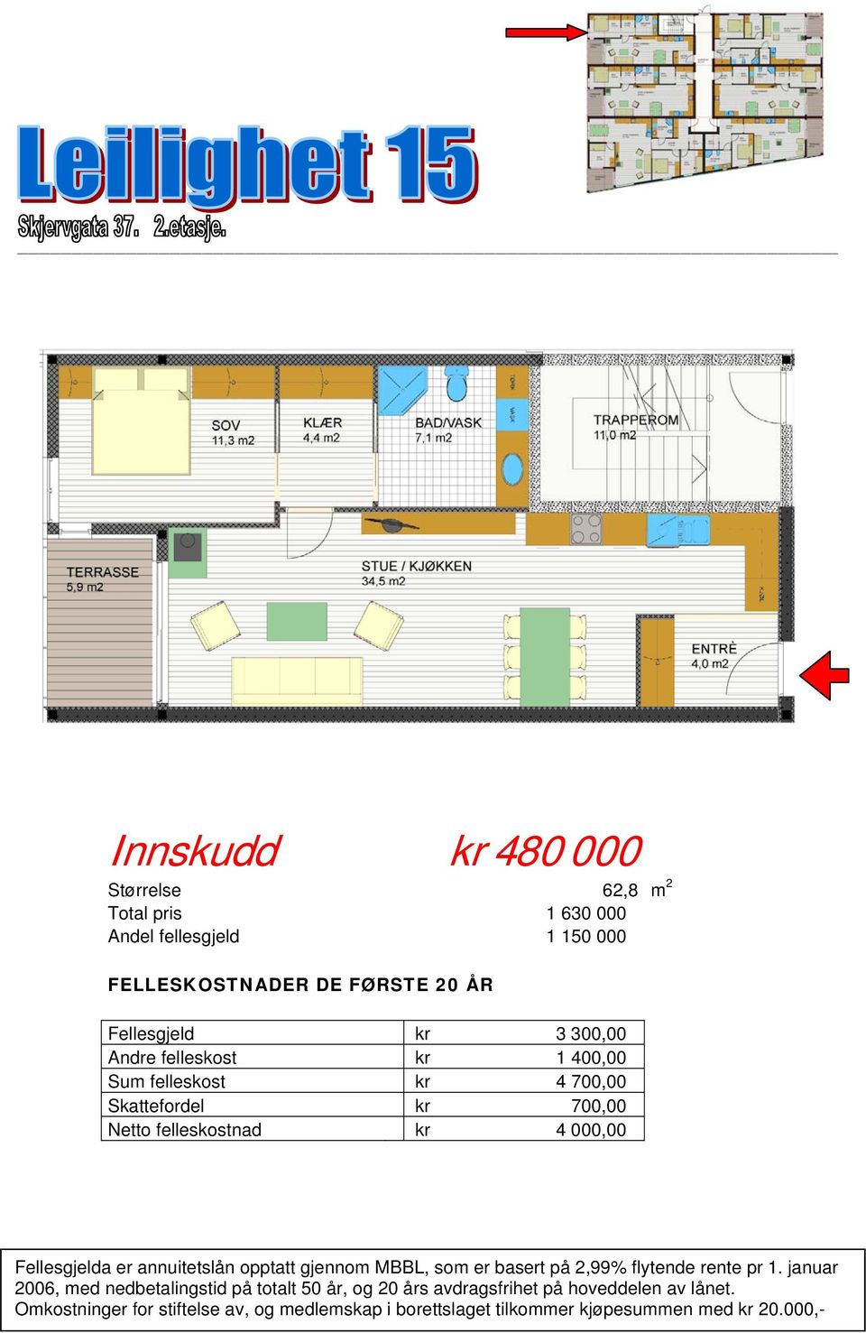 felleskostnad kr 4 000,00 Fellesgjelda er annuitetslån opptatt gjennom MBBL, som er basert på 2,99%