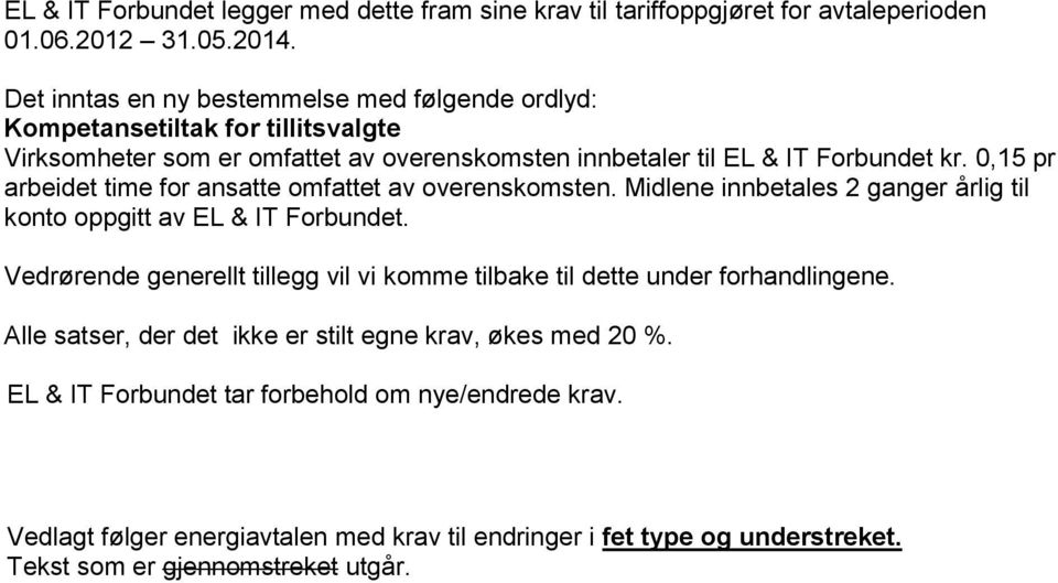 0,15 pr arbeidet time for ansatte omfattet av overenskomsten. Midlene innbetales 2 ganger årlig til konto oppgitt av EL & IT Forbundet.