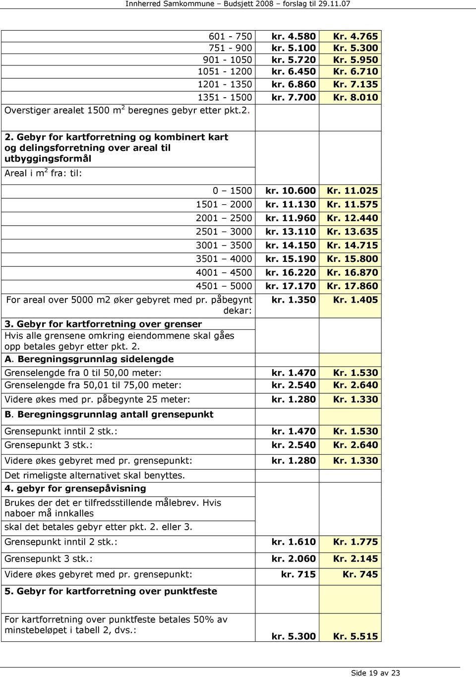 Gebyr for kartforretning over grenser Hvis alle grensene omkring eiendommene skal gåes opp betales gebyr etter pkt. 2. A. Beregningsgrunnlag sidelengde 0 1500 kr. 10.600 Kr. 11.025 1501 2000 kr. 11.130 Kr.