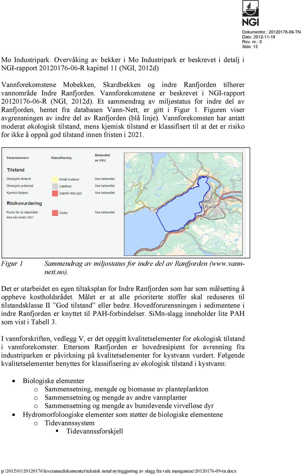 Ranfjorden. Vannforekomstene er beskrevet i NGI-rapport 20120176-06-R (NGI, 2012d). Et sammendrag av miljøstatus for indre del av Ranfjorden, hentet fra databasen Vann-Nett, er gitt i Figur 1.