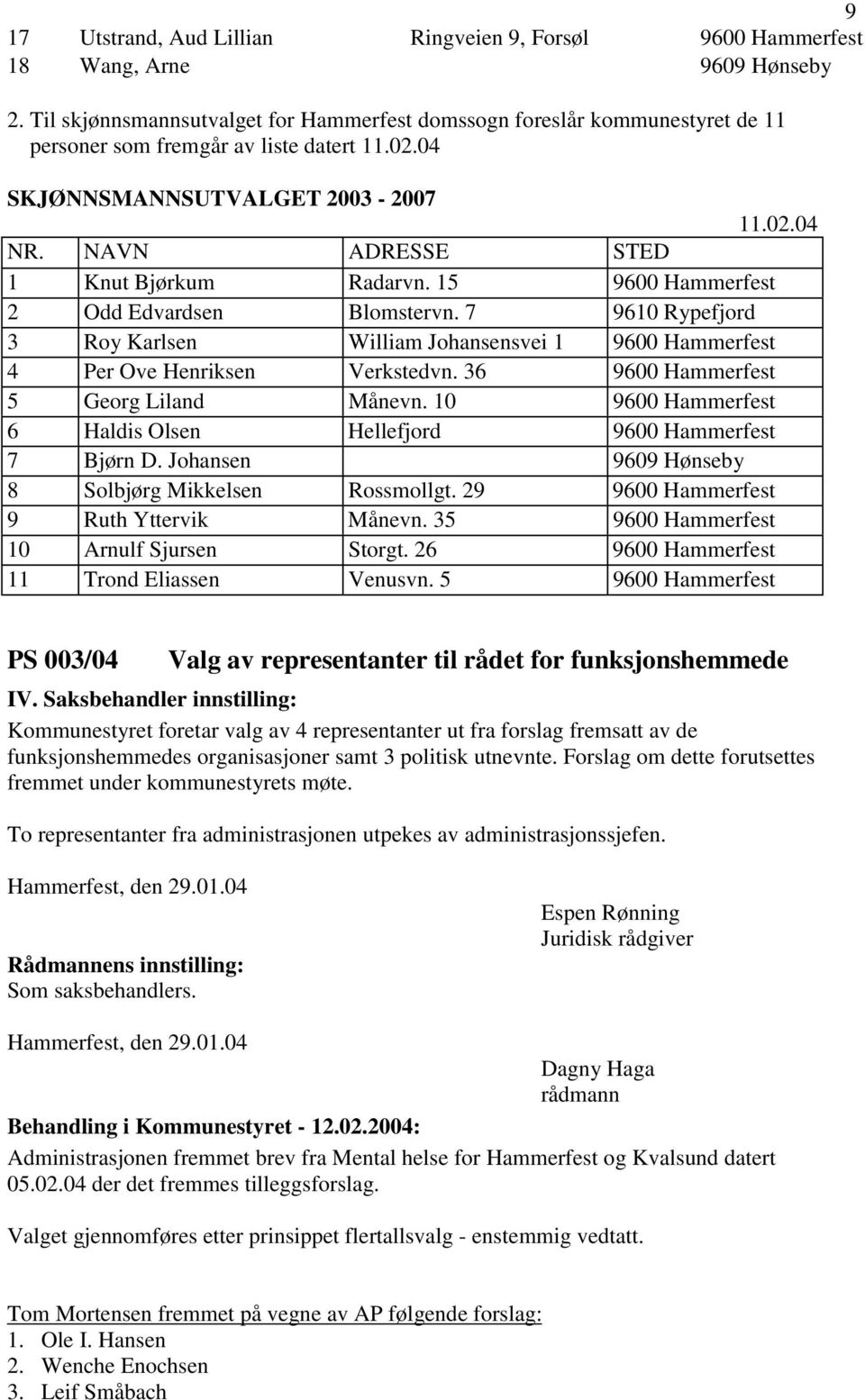 NAVN ADRESSE STED 1 Knut Bjørkum Radarvn. 15 9600 Hammerfest 2 Odd Edvardsen Blomstervn. 7 9610 Rypefjord 3 Roy Karlsen William Johansensvei 1 9600 Hammerfest 4 Per Ove Henriksen Verkstedvn.