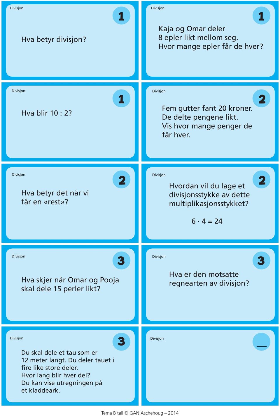 Divisjon Hvordan vil du lage et divisjonsstykke av dette multiplikasjonsstykket? 6 4 = 4 Divisjon Hva skjer når Omar og Pooja skal dele 5 perler likt?