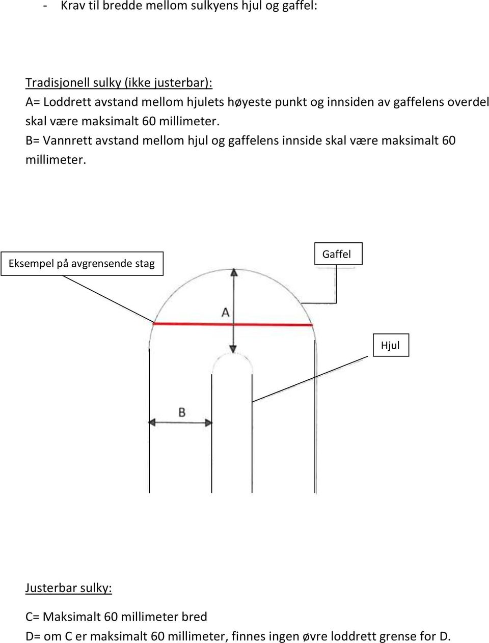 B= Vannrett avstand mellom hjul og gaffelens innside skal være maksimalt 60 millimeter.