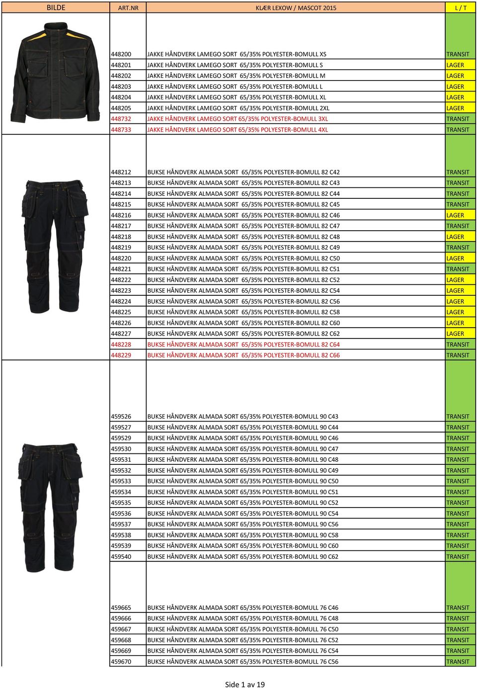 2XL LAGER 448732 JAKKE HÅNDVERK LAMEGO SORT 65/35% POLYESTER-BOMULL 3XL TRANSIT 448733 JAKKE HÅNDVERK LAMEGO SORT 65/35% POLYESTER-BOMULL 4XL TRANSIT 448212 BUKSE HÅNDVERK ALMADA SORT 65/35%