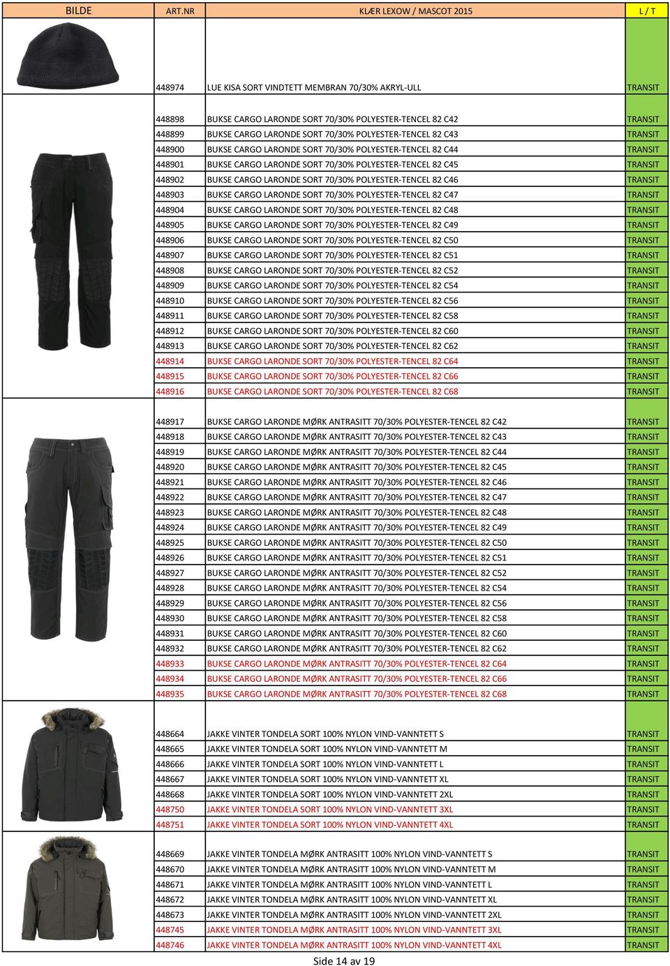 POLYESTER-TENCEL 82 C46 TRANSIT 448903 BUKSE CARGO LARONDE SORT 70/30% POLYESTER-TENCEL 82 C47 TRANSIT 448904 BUKSE CARGO LARONDE SORT 70/30% POLYESTER-TENCEL 82 C48 TRANSIT 448905 BUKSE CARGO