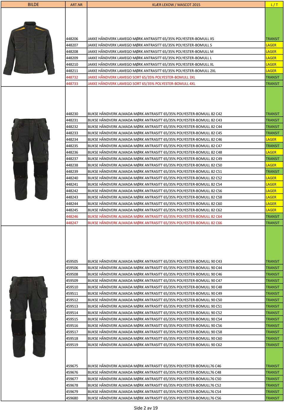 HÅNDVERK LAMEGO MØRK ANTRASITT 65/35% POLYESTER-BOMULL 2XL LAGER 448732 JAKKE HÅNDVERK LAMEGO SORT 65/35% POLYESTER-BOMULL 3XL TRANSIT 448733 JAKKE HÅNDVERK LAMEGO SORT 65/35% POLYESTER-BOMULL 4XL