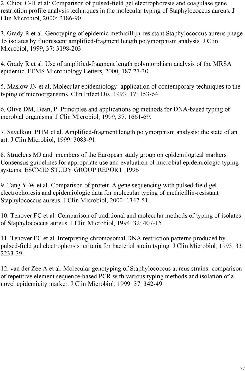 J Clin Microbiol, 1999, 37: 3198-203. 4. Grady R et al. Use of amplified-fragment length polymorphism analysis of the MRSA epidemic. FEMS Microbiology Letters, 2000, 187:27-30. 5. Maslow JN et al.