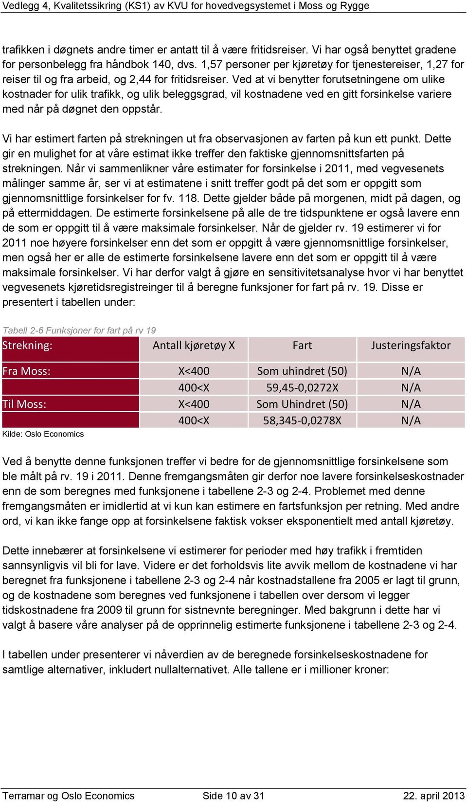 Ved at vi benytter forutsetningene om ulike kostnader for ulik trafikk, og ulik beleggsgrad, vil kostnadene ved en gitt forsinkelse variere med når på døgnet den oppstår.