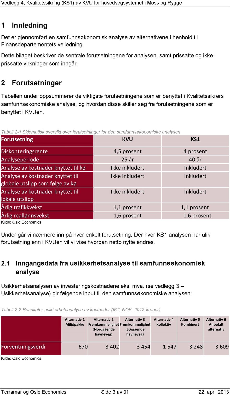 2 Forutsetninger Tabellen under oppsummerer de viktigste forutsetningene som er benyttet i Kvalitetssikrers samfunnsøkonomiske analyse, og hvordan disse skiller seg fra forutsetningene som er