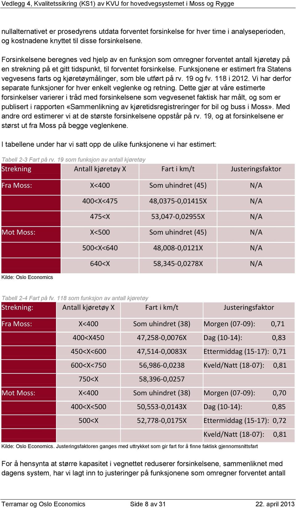 Funksjonene er estimert fra Statens vegvesens farts og kjøretøymålinger, som ble utført på rv. 19 og fv. 118 i 2012. Vi har derfor separate funksjoner for hver enkelt veglenke og retning.