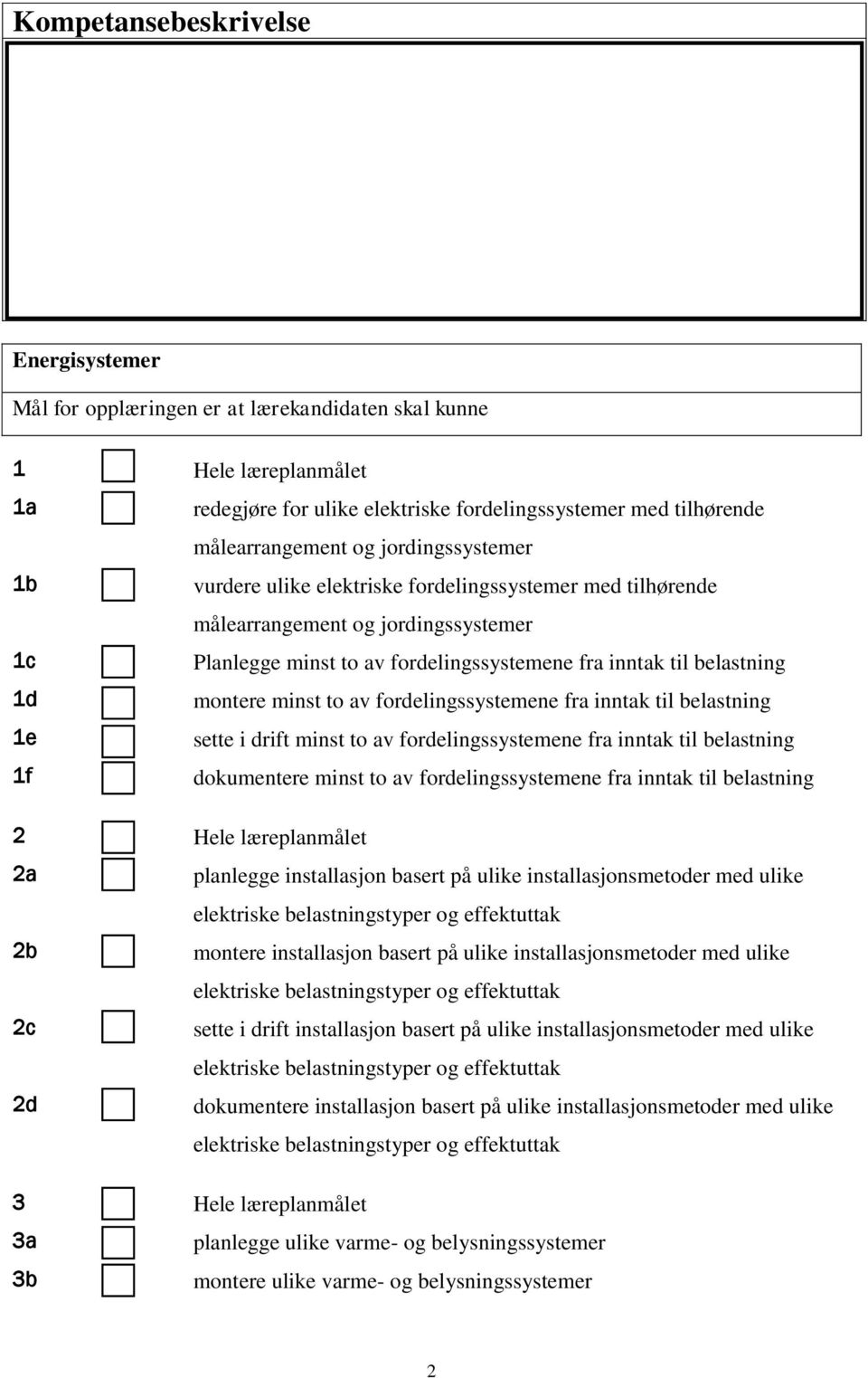 minst to av fordelingssystemene fra inntak til belastning 1e sette i drift minst to av fordelingssystemene fra inntak til belastning 1f dokumentere minst to av fordelingssystemene fra inntak til