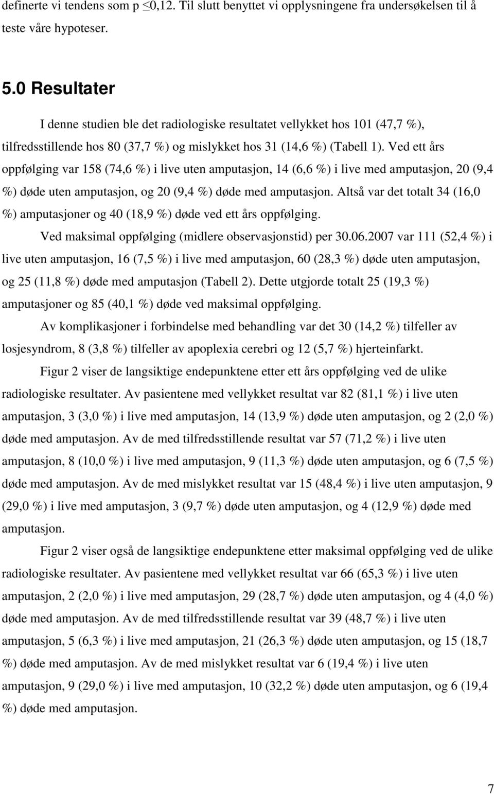 Ved ett års oppfølging var 158 (74,6 %) i live uten amputasjon, 14 (6,6 %) i live med amputasjon, 20 (9,4 %) døde uten amputasjon, og 20 (9,4 %) døde med amputasjon.