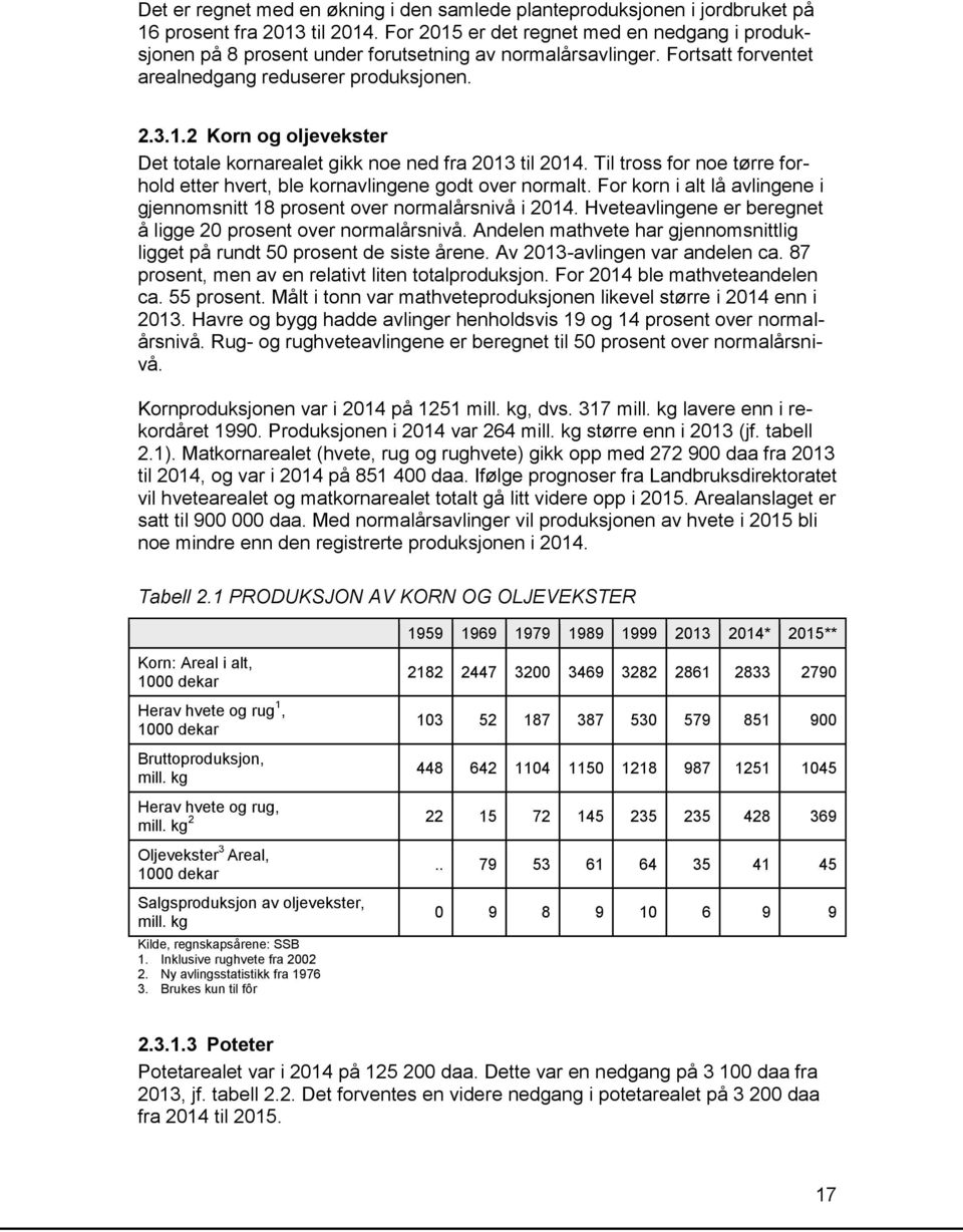 Til tross for noe tørre forhold etter hvert, ble kornavlingene godt over normalt. For korn i alt lå avlingene i gjennomsnitt 18 prosent over normalårsnivå i 2014.