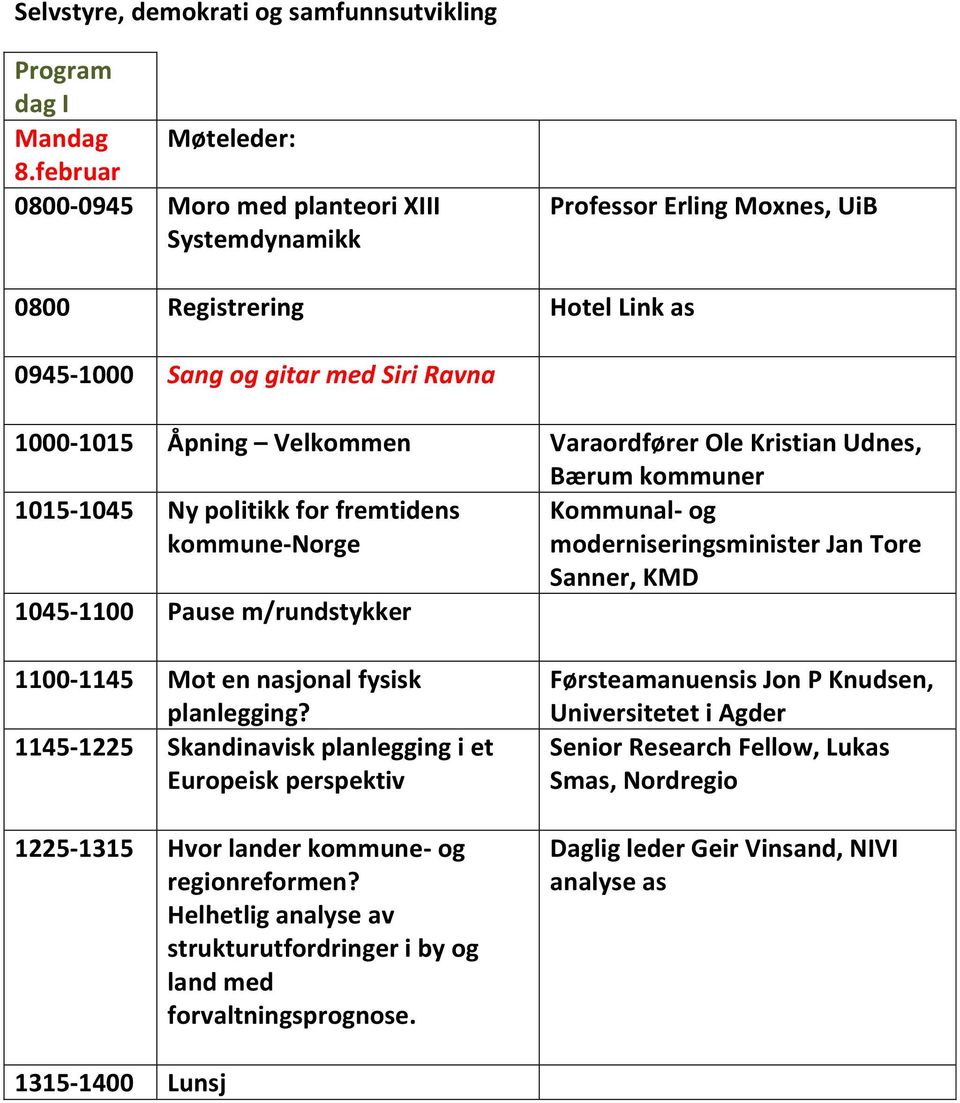 Ole Kristian Udnes, Bærum r 1015-1045 Ny politikk for fremtidens -Norge Kommunal- og moderniseringsminister Jan Tore Sanner, KMD 1045-1100 Pause m/rundstykker 1100-1145 Mot en nasjonal fysisk