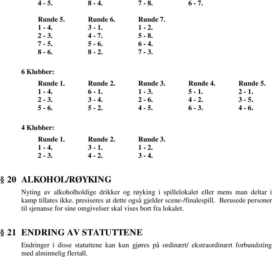 presiseres at dette også gjelder scene-/finalespill. Berusede personer til sjenanse for sine omgivelser skal vises bort fra lokalet.