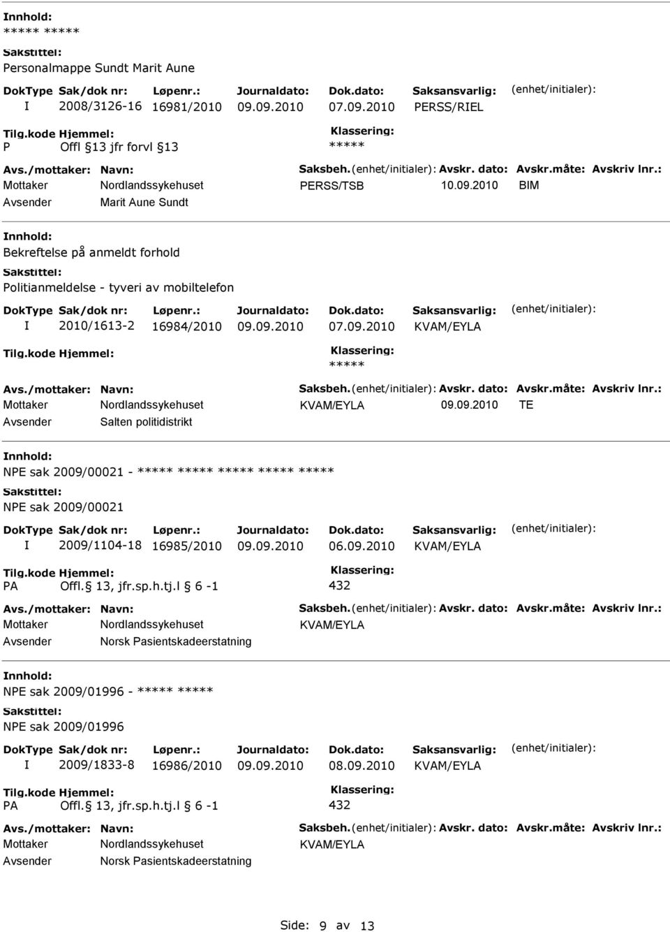 Salten politidistrikt NE sak 2009/00021 - NE sak 2009/00021 2009/1104-18 16985/2010 06.09.2010 A Offl. 13, jfr.sp.h.tj.