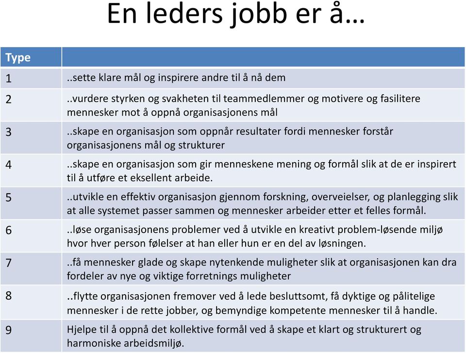 .skape en organisasjon som gir menneskene mening og formål slik at de er inspirert til å utføre et eksellent arbeide. 5.