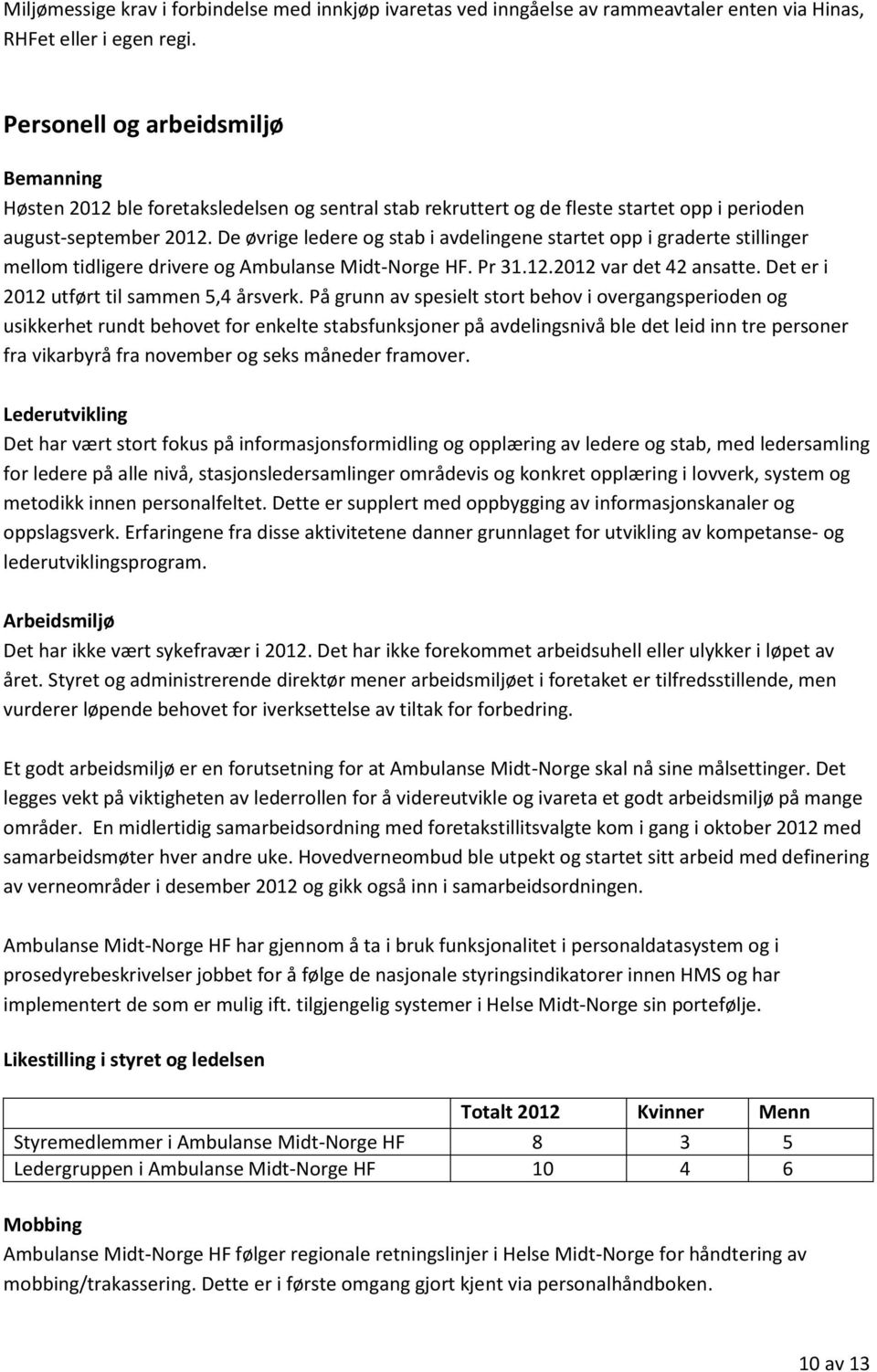 De øvrige ledere og stab i avdelingene startet opp i graderte stillinger mellom tidligere drivere og Ambulanse Midt-Norge HF. Pr 31.12.2012 var det 42 ansatte.