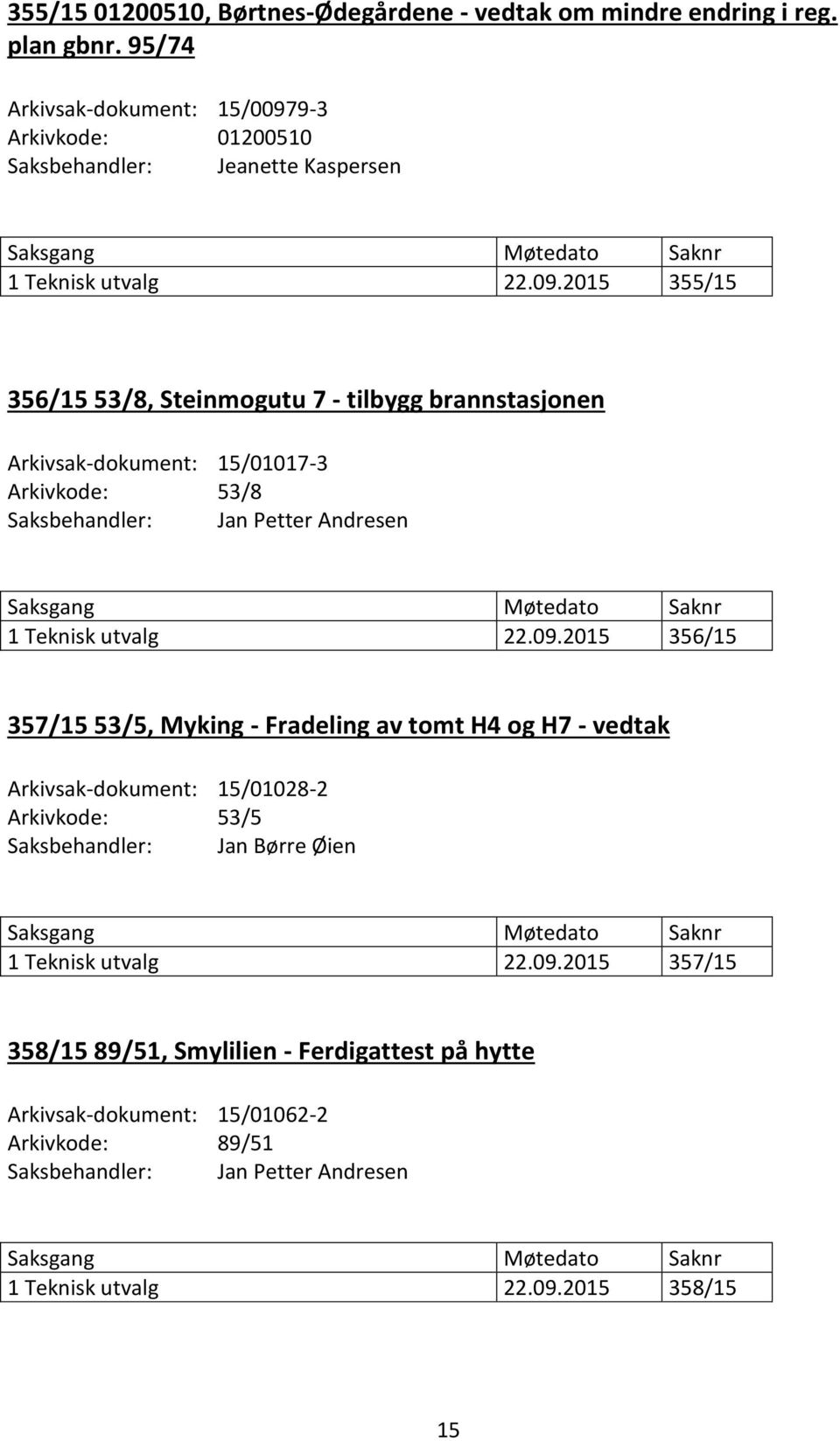 9-3 Arkivkode: 01200510 Saksbehandler: Jeanette Kaspersen 1 Teknisk utvalg 22.09.