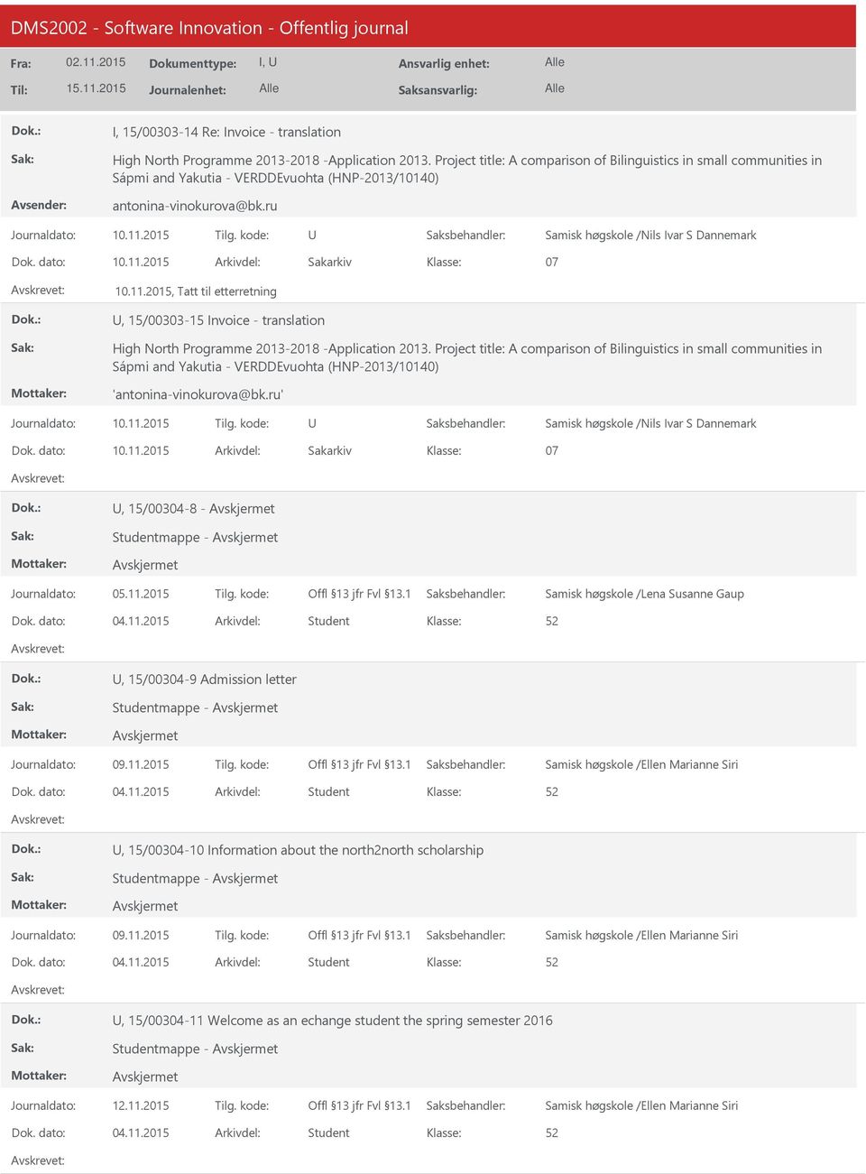 2015 07 10.11.2015, Tatt til etterretning, 15/00303-15 Invoice - translation High North Programme 2013-2018 -Application 2013.