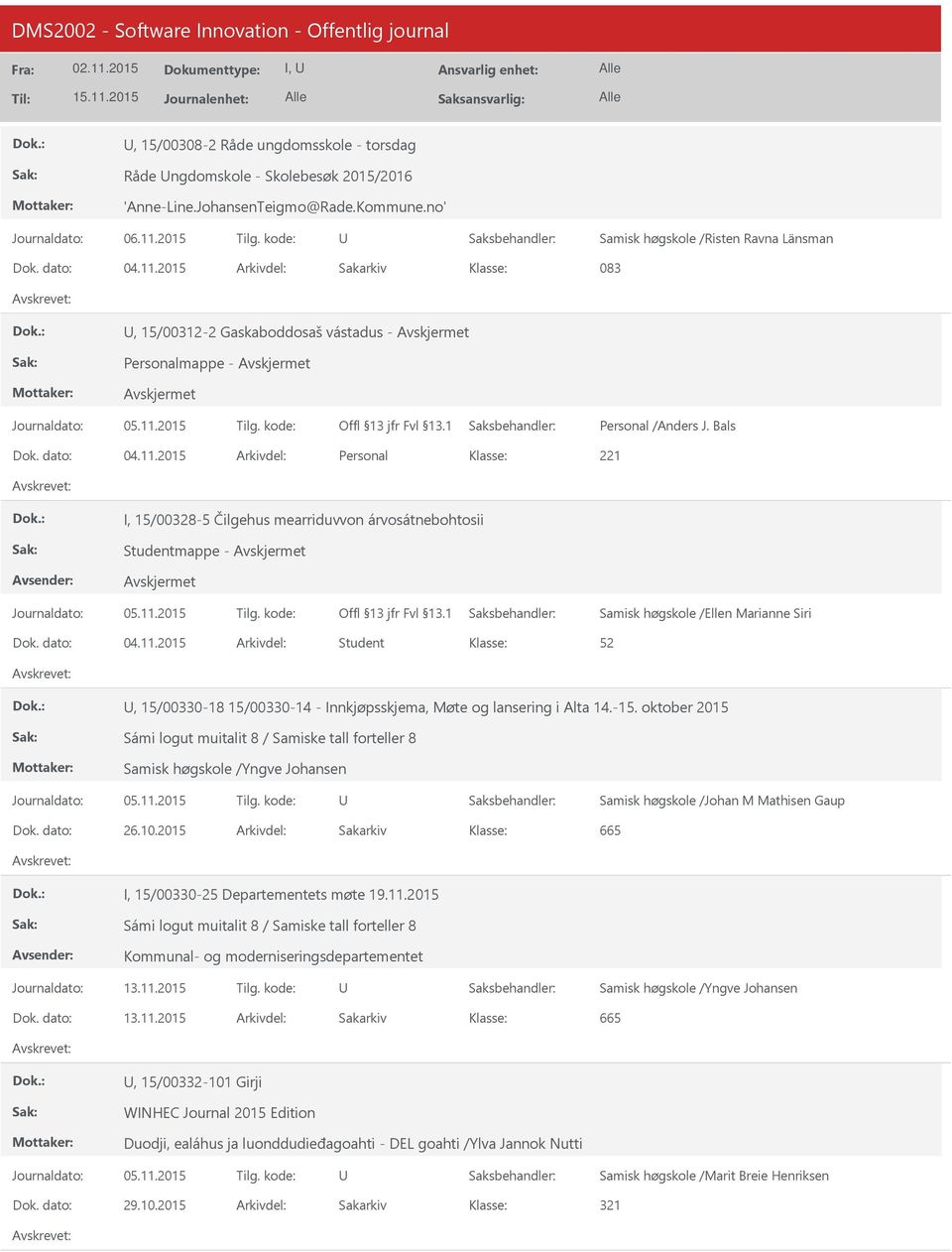 2015 Personal 221 I, 15/00328-5 Čilgehus mearriduvvon árvosátnebohtosii Samisk høgskole /Ellen Marianne Siri 04.11.2015 Student, 15/00330-18 15/00330-14 - Innkjøpsskjema, Møte og lansering i Alta 14.