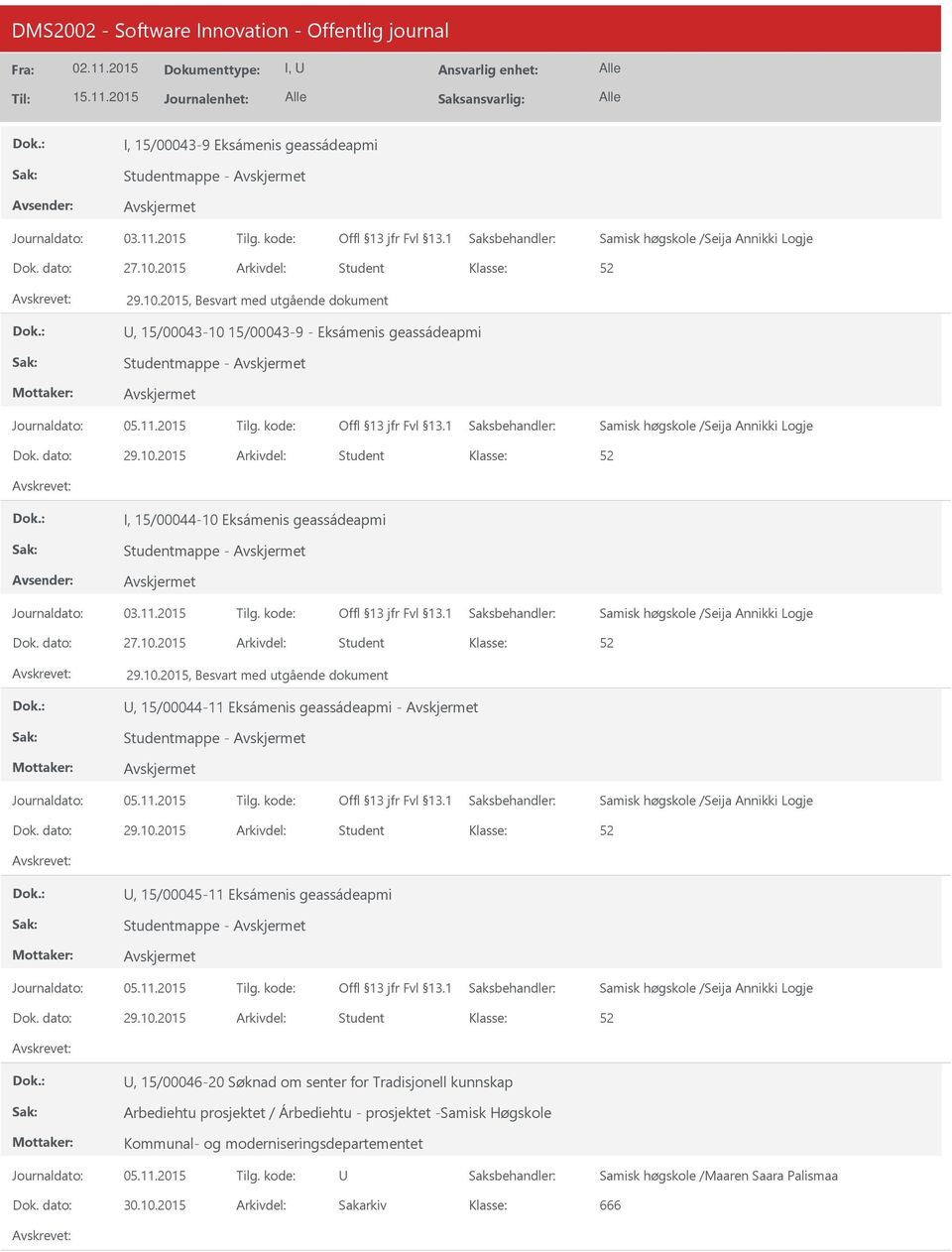 10.2015 Student, 15/00045-11 Eksámenis geassádeapmi 29.10.2015 Student, 15/00046-20 Søknad om senter for Tradisjonell kunnskap Arbediehtu prosjektet