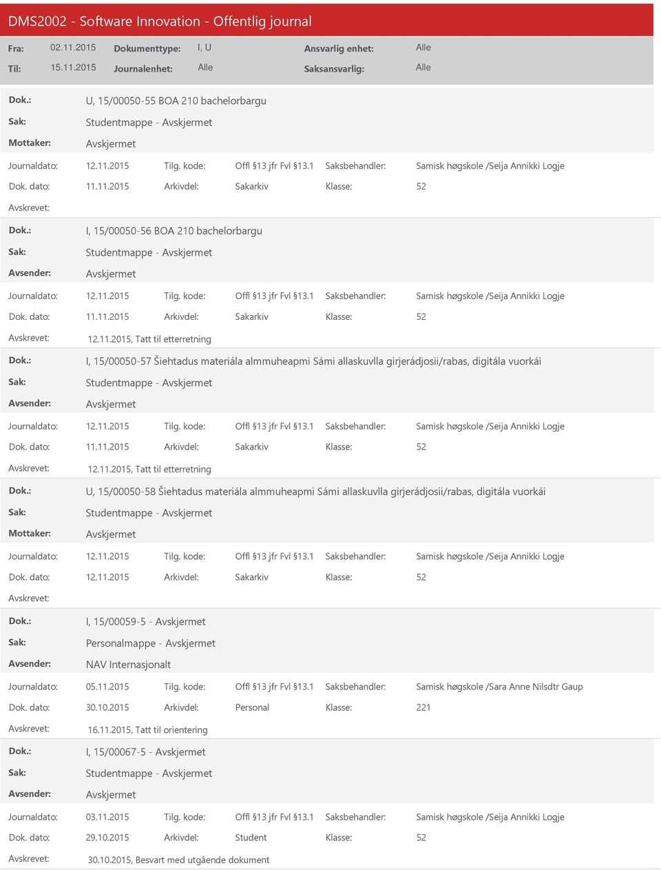 11.2015 12.11.2015, Tatt til etterretning, 15/00050-58 Šiehtadus materiála almmuheapmi Sámi allaskuvlla girjerádjosii/rabas, digitála vuorkái 12.11.2015 I, 15/00059-5 - Personalmappe - NAV Internasjonalt Samisk høgskole /Sara Anne Nilsdtr Gaup 30.