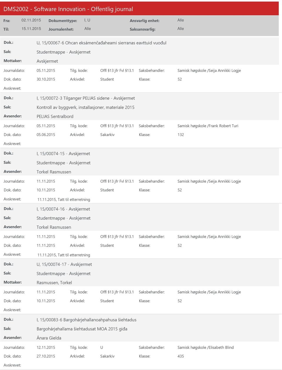 Turi 05.06.2015 132 I, 15/00074-15 - Torkel Rasmussen 10.11.2015 Student 11.11.2015, Tatt til etterretning I, 15/00074-16 - Torkel Rasmussen 11.11.2015 Student 11.11.2015, Tatt til etterretning, 15/00074-17 - Rasmussen, Torkel 10.
