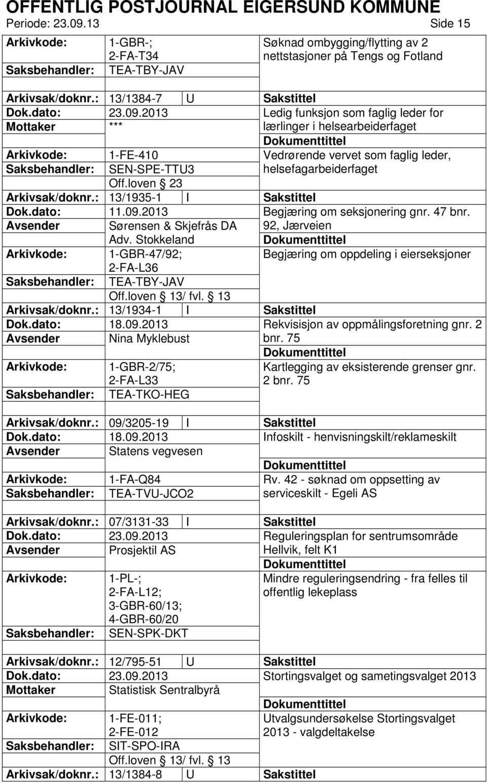 loven 23 Arkivsak/doknr.: 13/1935-1 I Sakstittel Dok.dato: 11.09.2013 Begjæring om seksjonering gnr. 47 bnr. Avsender Sørensen & Skjefrås DA 92, Jærveien Adv.