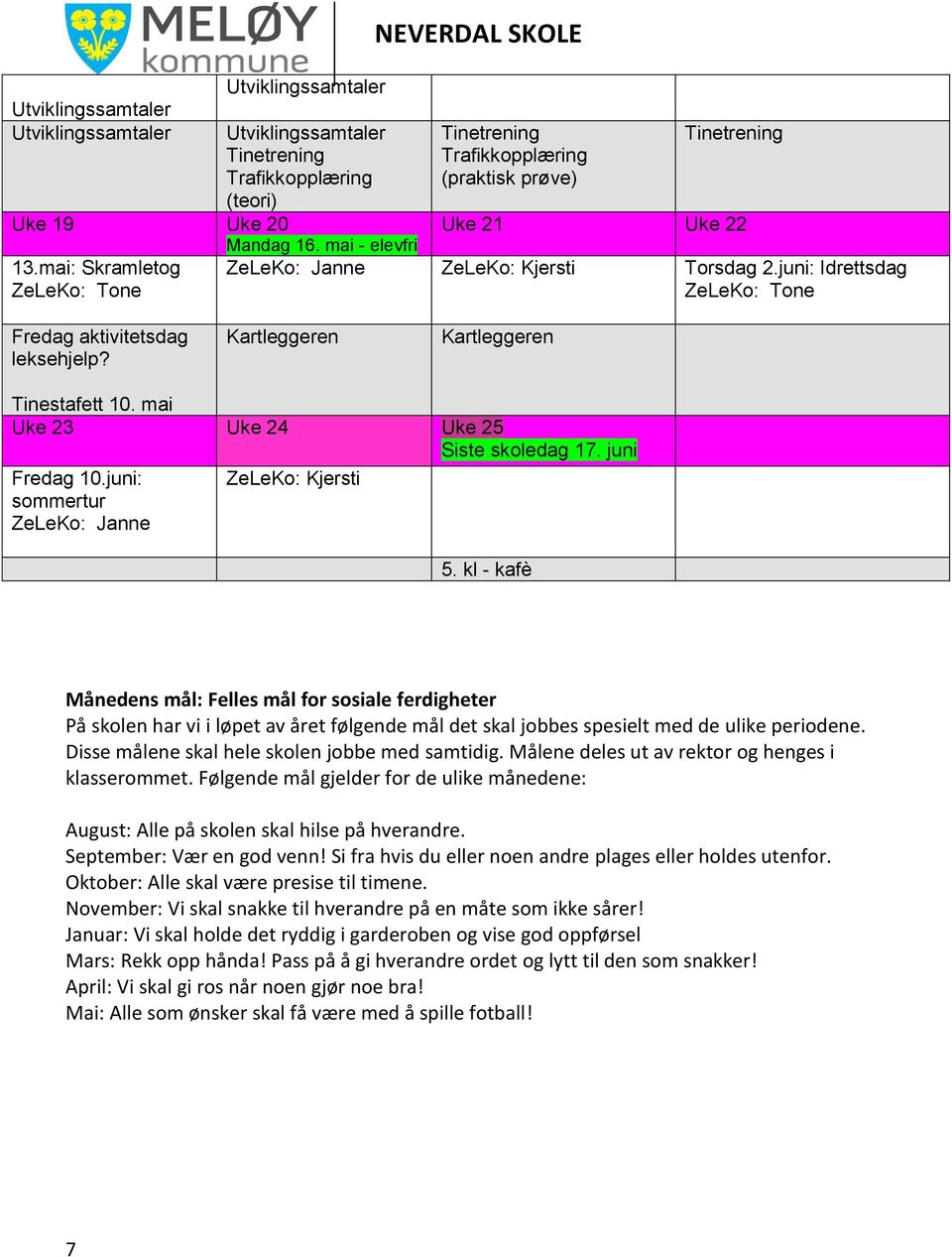 juni: Idrettsdag ZeLeKo: Tone Fredag aktivitetsdag leksehjelp? Kartleggeren Kartleggeren Tinestafett 10. mai Uke 23 Uke 24 Uke 25 Siste skoledag 17. juni Fredag 10.