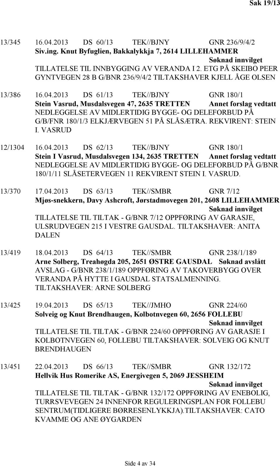 2013 DS 61/13 TEK//BJNY GNR 180/1 Stein Vasrud, Musdalsvegen 47, 2635 TRETTEN Annet forslag vedtatt NEDLEGGELSE AV MIDLERTIDIG BYGGE- OG DELEFORBUD PÅ G/B/FNR 180/1/3 ELKJÆRVEGEN 51 PÅ SLÅSÆTRA.