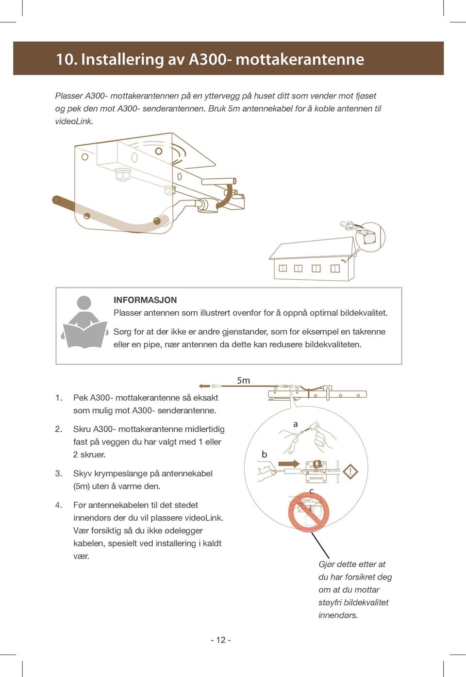 Sørg for at der ikke er andre gjenstander, som for eksempel en takrenne eller en pipe, nær antennen da dette kan redusere bildekvaliteten. 5m 1.