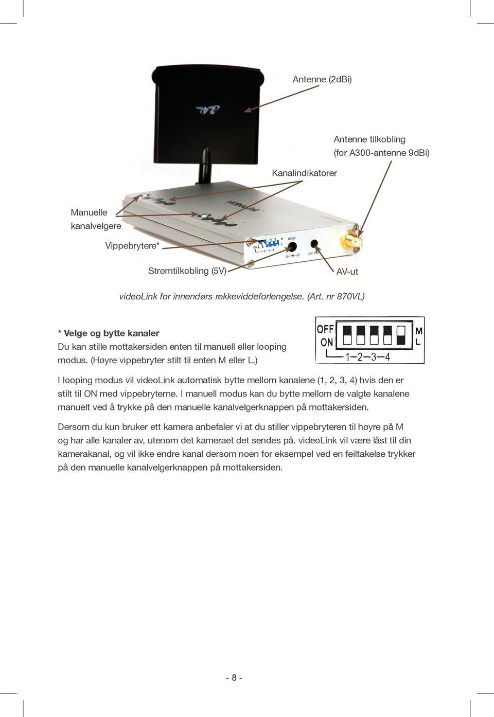 ) I looping modus vil videolink automatisk bytte mellom kanalene (1, 2, 3, 4) hvis den er stilt til ON med vippebryterne.