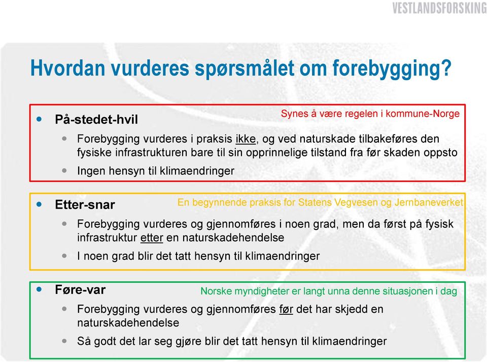 til klimaendringer Etter-snar Forebygging vurderes og gjennomføres i noen grad, men da først på fysisk infrastruktur etter en naturskadehendelse I noen grad blir det tatt hensyn til