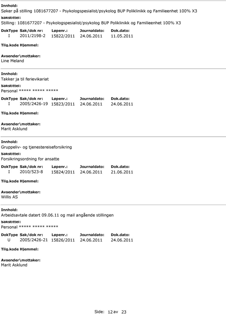 2011 Line Meland Takker ja til ferievikariat 2005/2426-19 15823/2011 Marit Asklund Gruppeliv- og tjenestereiseforsikring