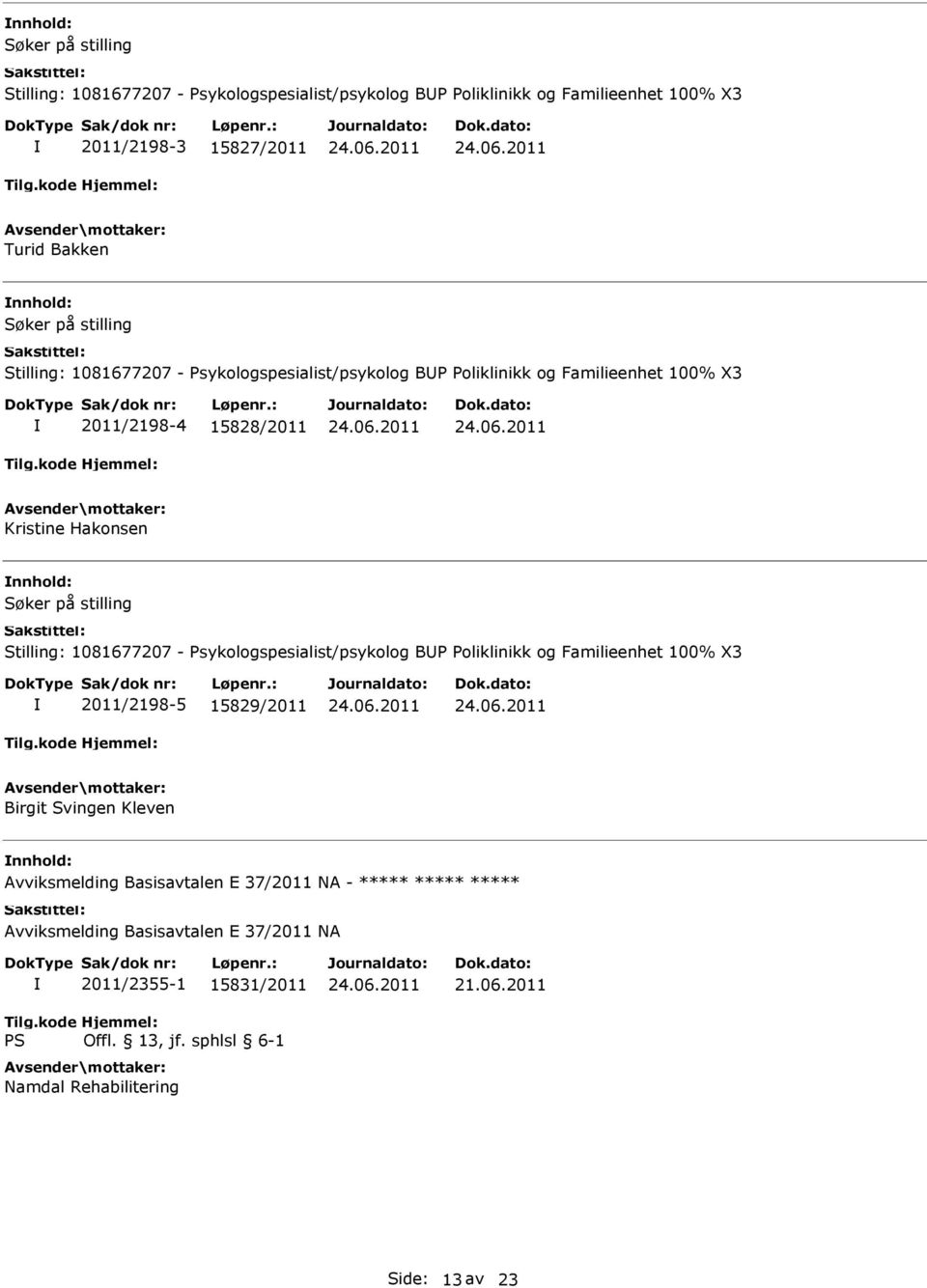 stilling Stilling: 1081677207 - Psykologspesialist/psykolog BP Poliklinikk og Familieenhet 100% X3 2011/2198-5 15829/2011 Birgit Svingen Kleven