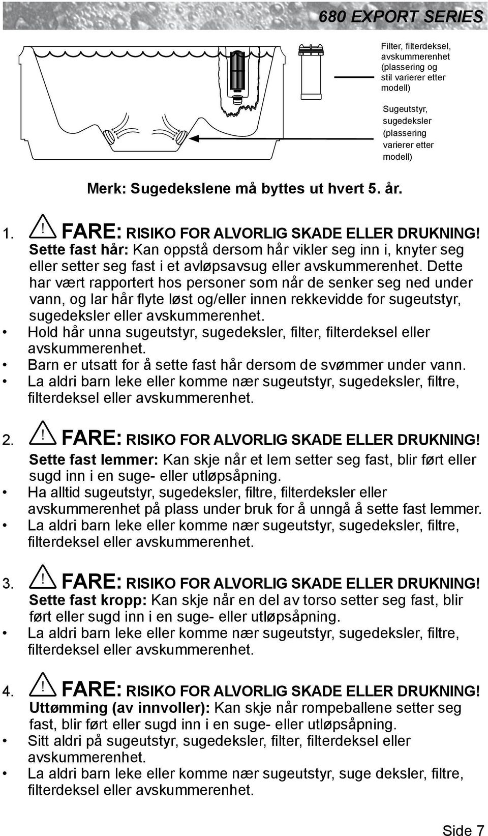 Dette har vært rapportert hos personer som når de senker seg ned under vann, og lar hår flyte løst og/eller innen rekkevidde for sugeutstyr, sugedeksler eller avskummerenhet.