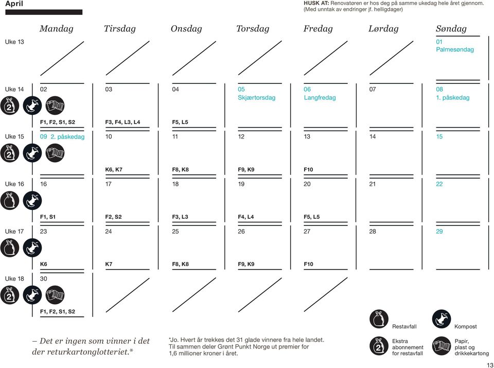 påskedag, K7 F8, K8 F9, K9 F Uke 16 16 17 18 19 20 21 22 F2, S2 F3, L3 F4, L4 F5, L5 Uke 17 23 24 25 26 27 28 29 Uke 18 30 F1, F2, S1, S2 Restavfall Kompost Det er