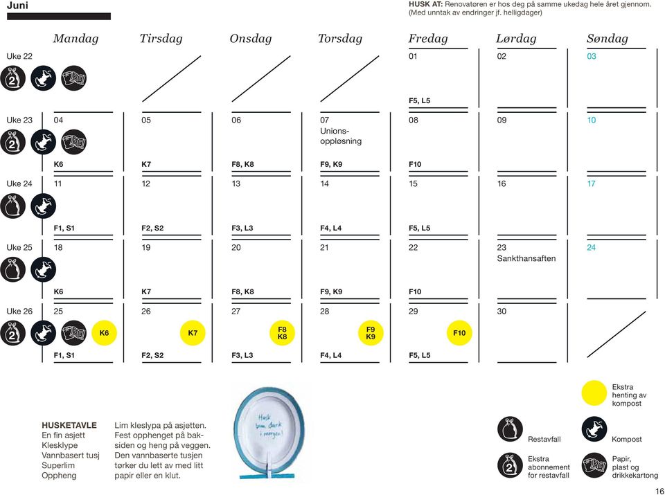 23 Sankthansaften 24 Uke 26 25 26 27 28 29 30 K7 F8 K8 F9 K9 F F2, S2 F3, L3 F4, L4 F5, L5 henting av kompost HUSKETAVLE En fin asjett Klesklype Vannbasert tusj