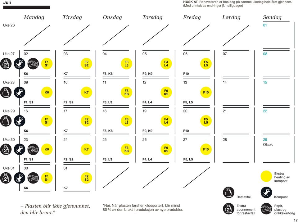 16 17 18 19 20 21 22 F1 S1 F2 S2 F3 L3 F4 L4 F5 L5 Uke 30 23 24 K7 25 F8 K8 26 F9 K9 27 F 28 29 Olsok F2, S2 F3, L3 F4, L4 F5, L5 Uke 31 30 F1 S1 31 F2 S2 henting av