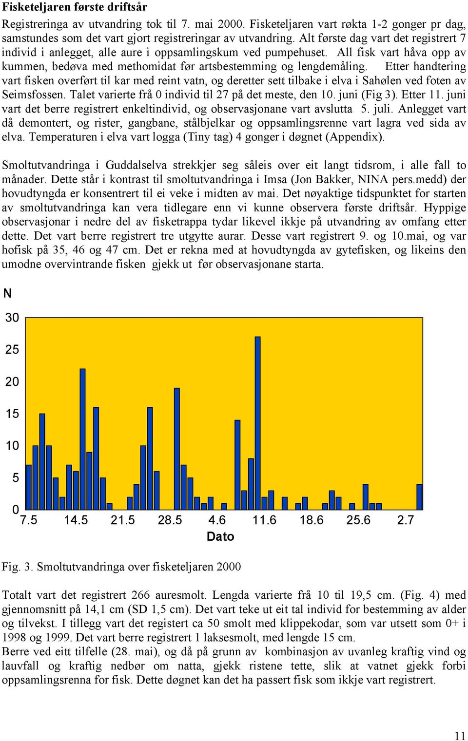 Etter handtering vart fisken overført til kar med reint vatn, og deretter sett tilbake i elva i Sahølen ved foten av Seimsfossen. Talet varierte frå 0 individ til 27 på det meste, den 10.