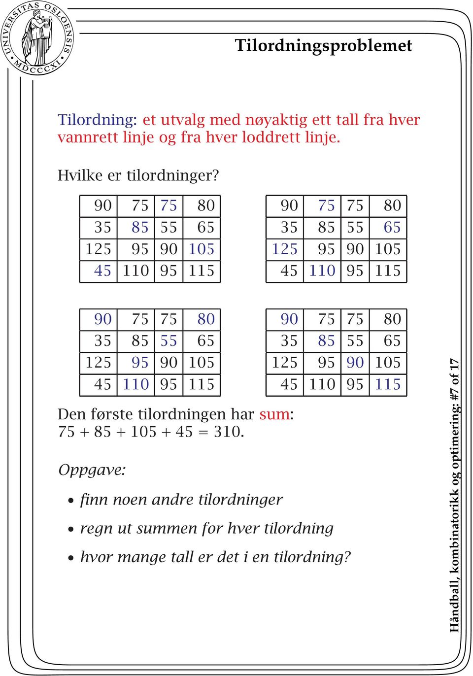 Den første tilordningen har sum: 75 + 85 + 105 + 45 = 310.